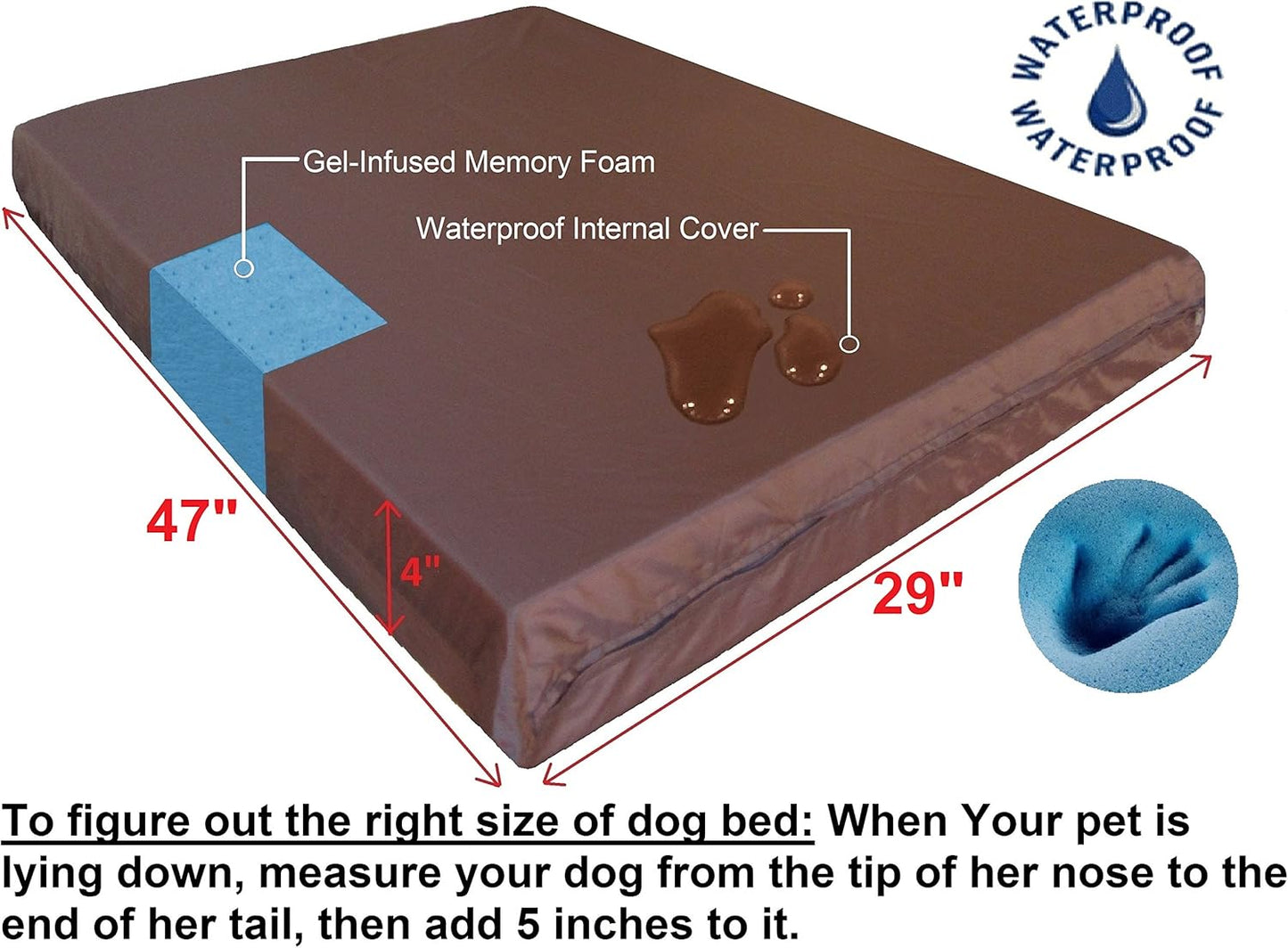 Extra Large Orthopedic Memory Foam Dog Bed for Large Dogs with Durable Waterproof Internal Case, Removable Washable Denim Cover and Bonus Pet Bed Cover, 47X29X4 Fits 48X30 Dog Crate, Brown