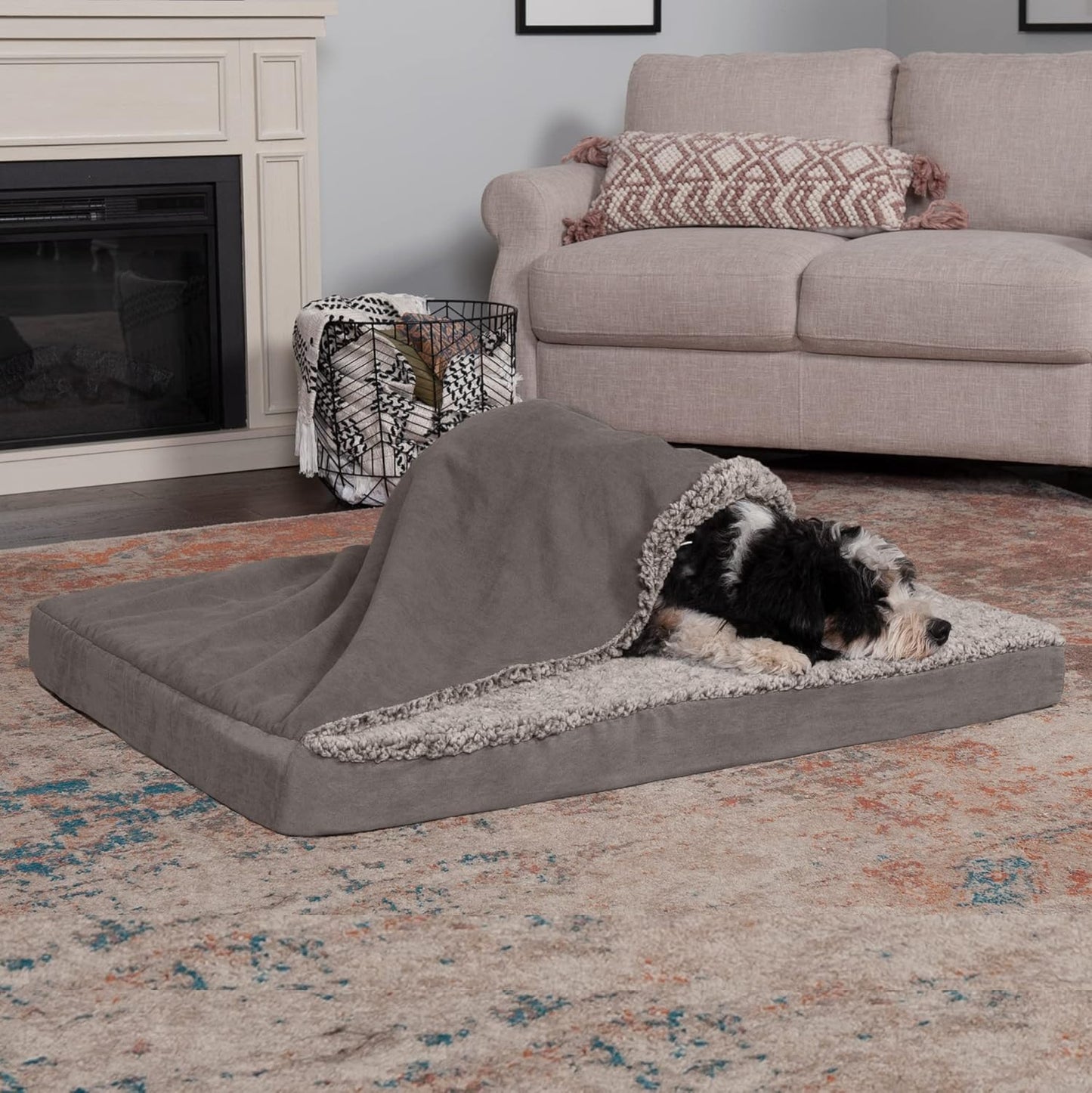 Orthopedic Dog Bed for Large/Medium Dogs W/ Removable Washable Cover, for Dogs up to 55 Lbs - Berber & Suede Blanket Top Mattress - Gray, Large
